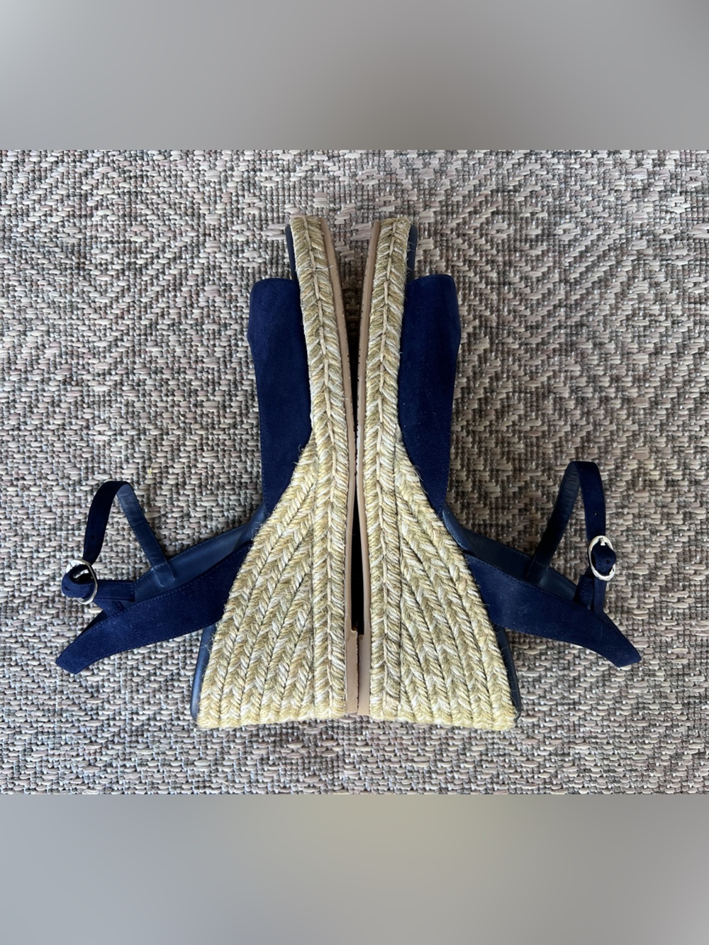 Stuart Weitzman Espadrille Wedge Sandals Navy Blue Slingback Peep Toe 9.5B New - Picture 5 of 7